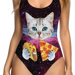 Women's 3D Cat Eating Taco & Pizza One Piece Swimsuit